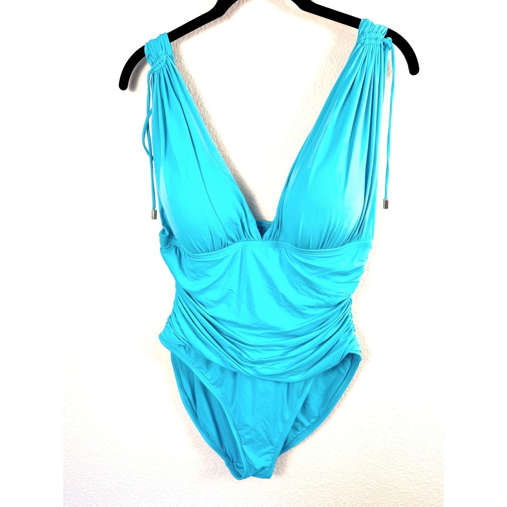 La Blanca One Piece Swimsuit Womens 14 Blue Ruched V Neck Island Goddess